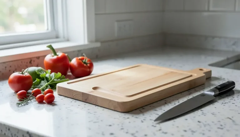 Maple wood cutting board with juice groove on a kitchen countertop