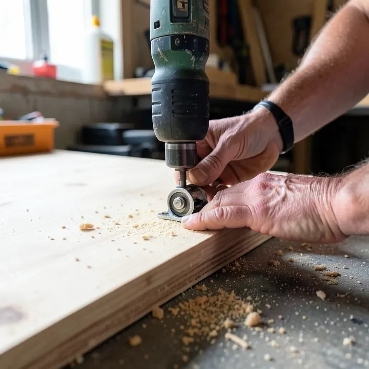 Installing a caster wheel bracket onto a plywood mounting platform with a drill