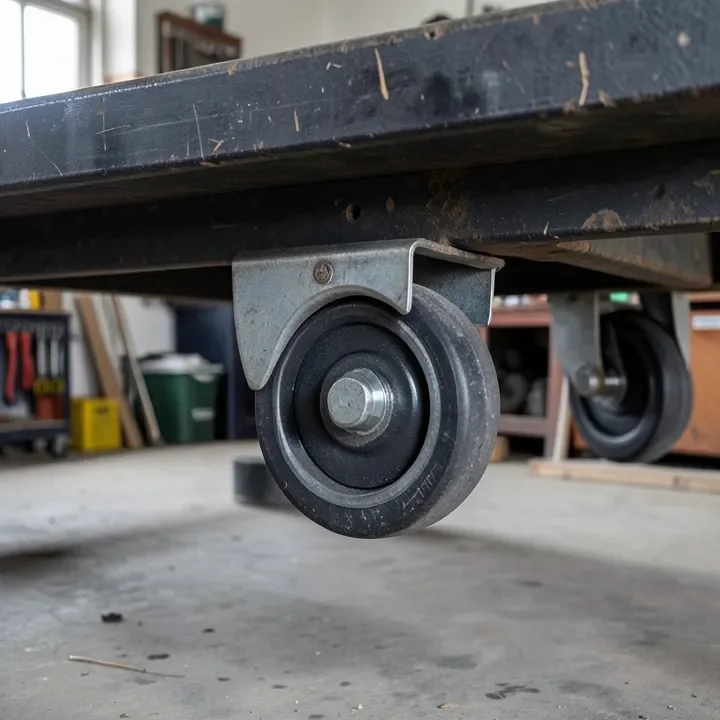 Urethane caster wheels mounted on steel brackets under a heavy workshop table