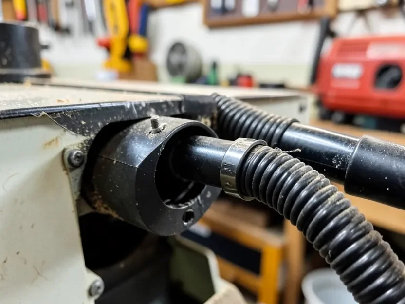Table saw dust collection port with a shop vacuum hose attached