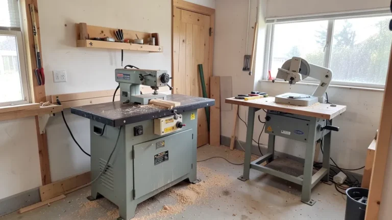 Small home woodworking workshop set up with two separate stationary saw stations