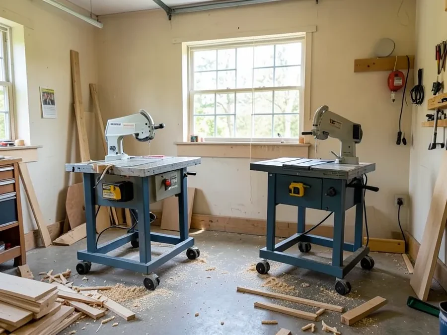 Woodworker guiding a board through a table saw fence with hands kept clear of the blade