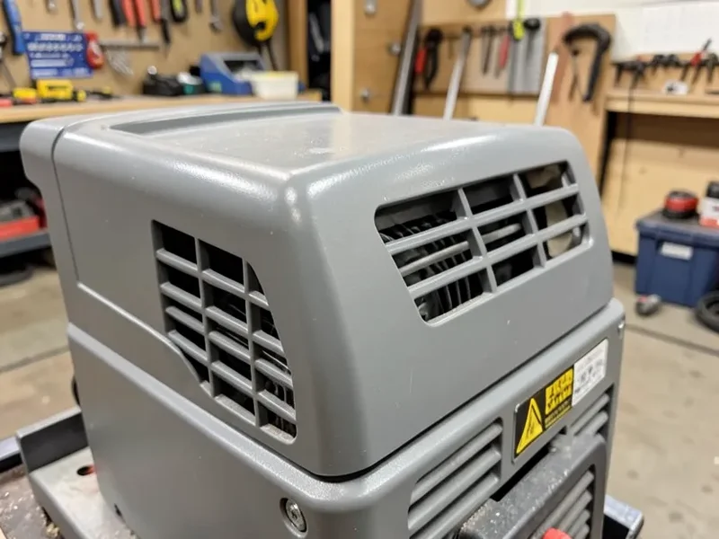Close-up of a portable table saw motor housing with ventilation slots