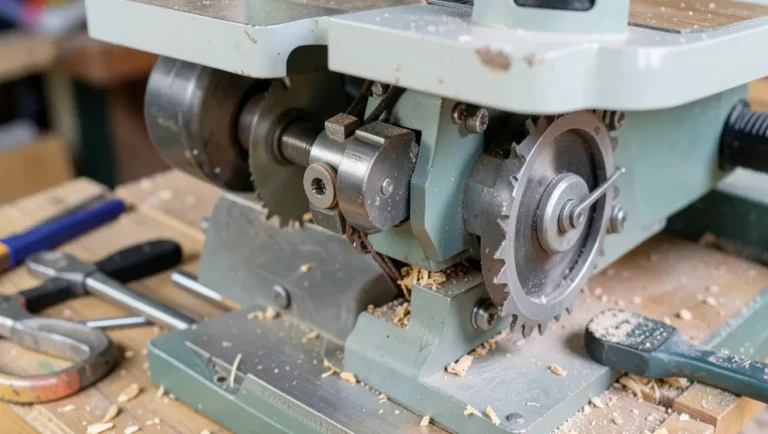 Table saw arbor and belt drive mechanism during repair