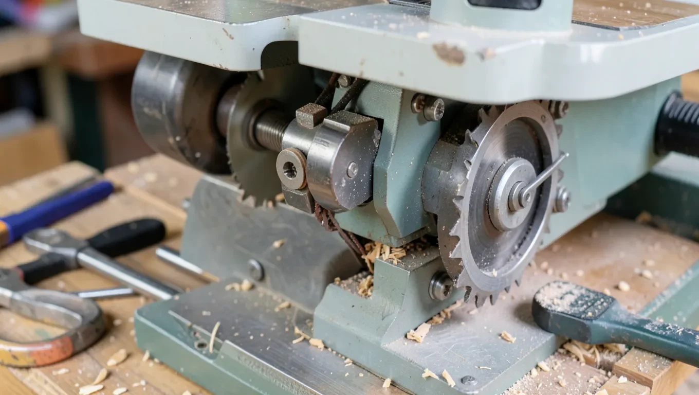 Table saw arbor and belt drive mechanism during repair