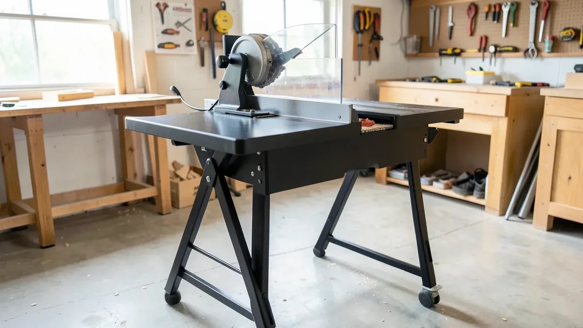Jobsite table saw with blade guard and riving knife set up in a home woodworking shop