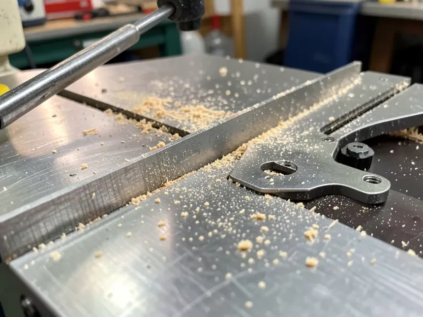 Close-up of a table saw rip fence rail and blade insert plate with sawdust