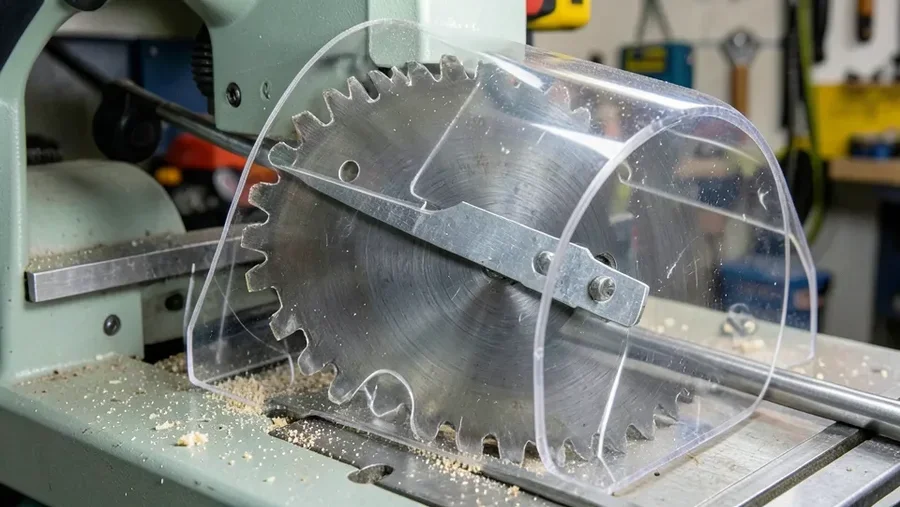 Close-up of a table saw riving knife and clear blade guard mounted over the blade