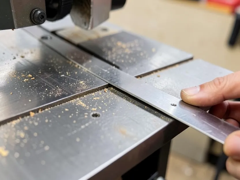 Straightedge laid across the seam between a table saw's main table and a newly installed extension wing to check flatness