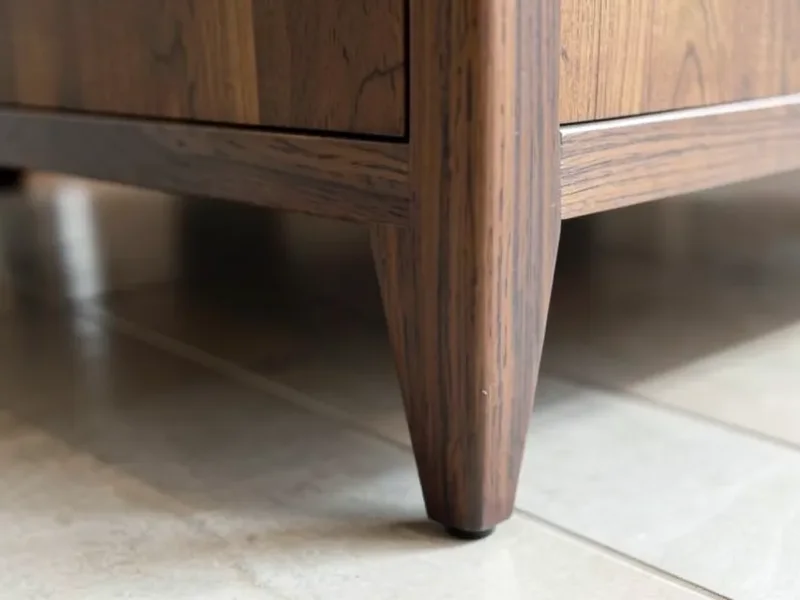 Close-up of tapered wooden table legs stained dark walnut on a kitchen island