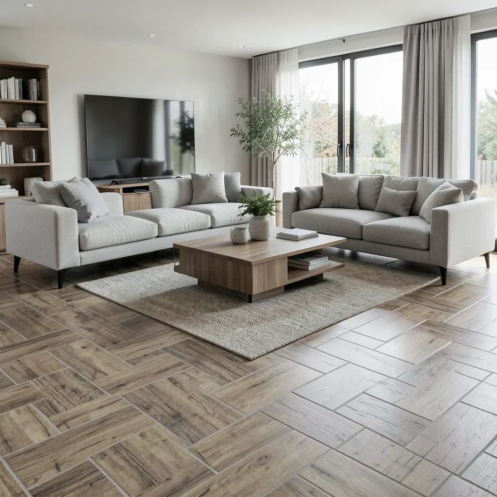 Living room with wood-look tile flooring in a staggered plank pattern