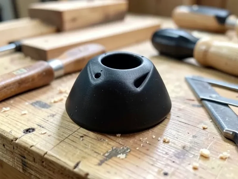 Flexible black TPU 3D printed part on a woodworking workbench next to hand tools