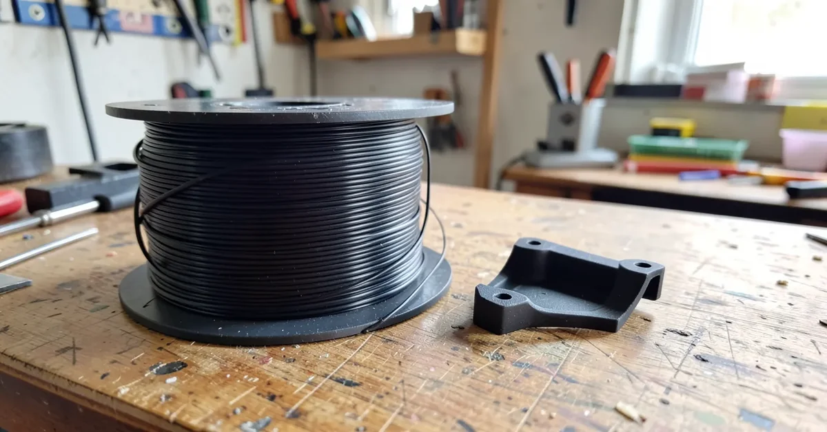 Spool of black TPU 3D printer filament next to a flexible 3D printed bracket part