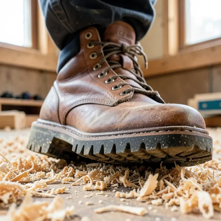 Work boot with a deep-tread outsole standing on a sawdust-covered workshop floor