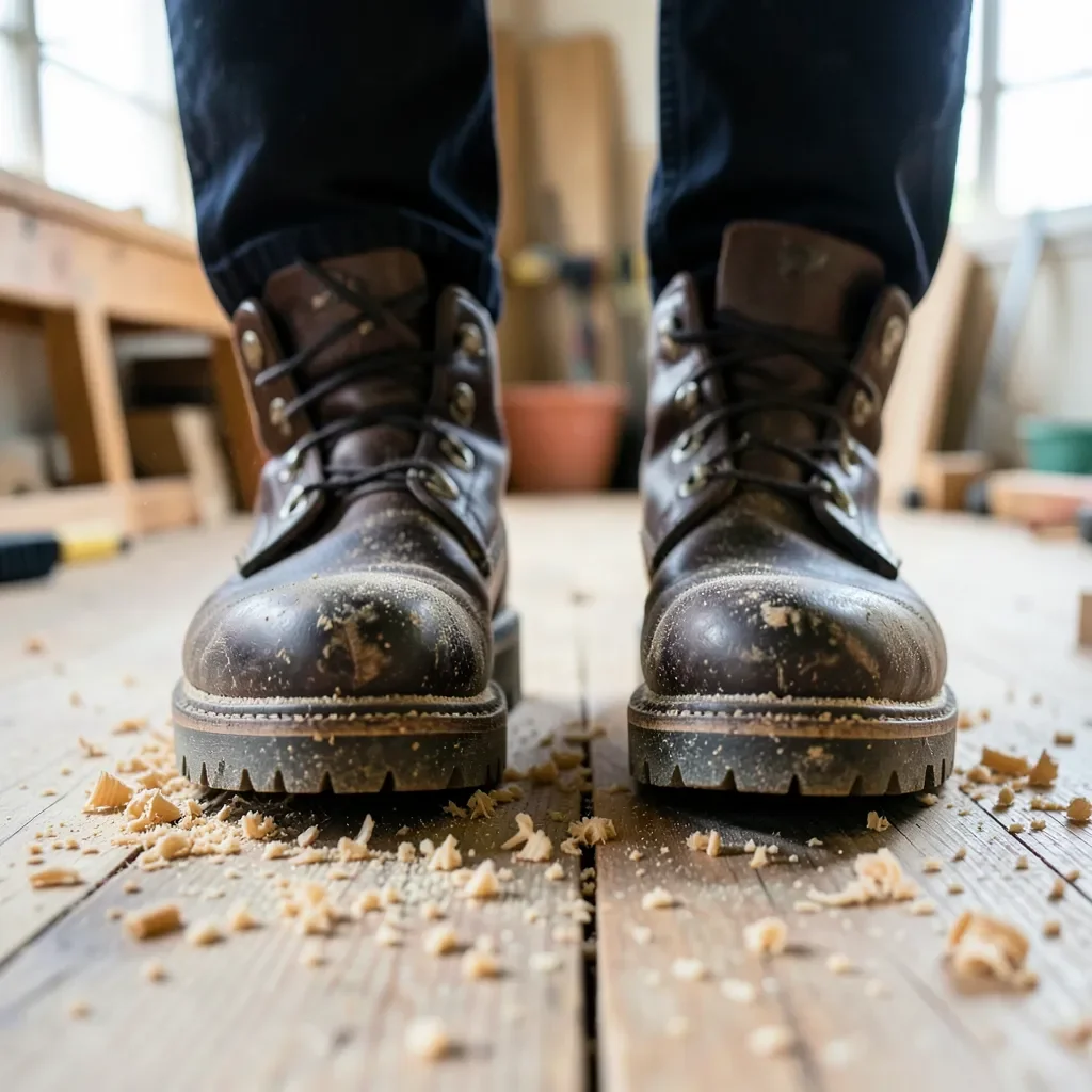 Work boots with treaded outsoles standing on a sawdust-covered shop floor