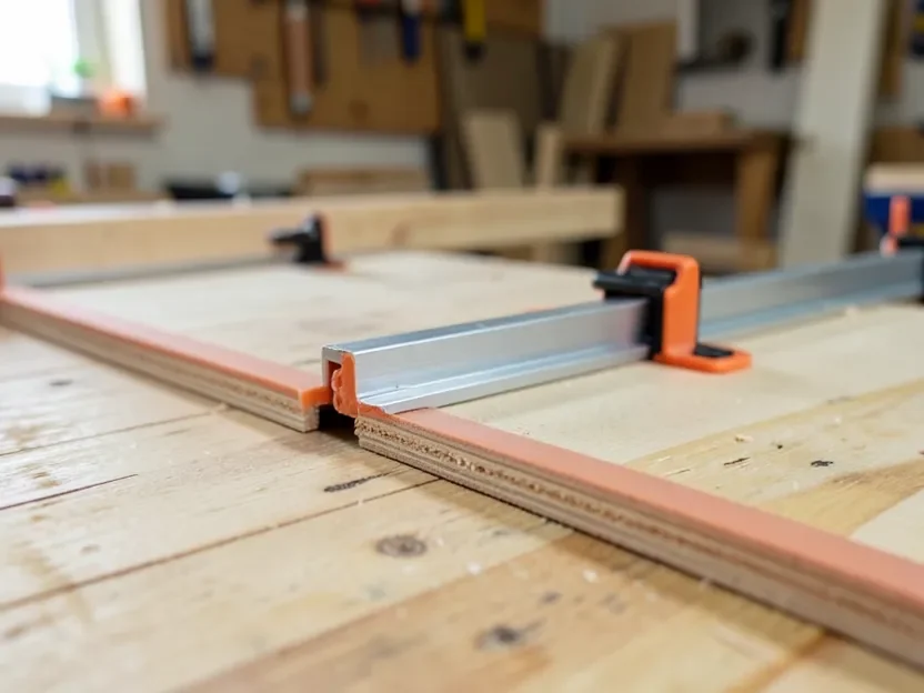Track saw guide rail clamped onto a plywood sheet before making a cut