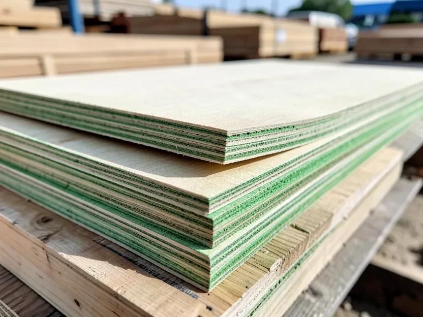 Stack of 3/4 inch pressure-treated plywood sheets at a lumber yard showing the green borate preservative treatment
