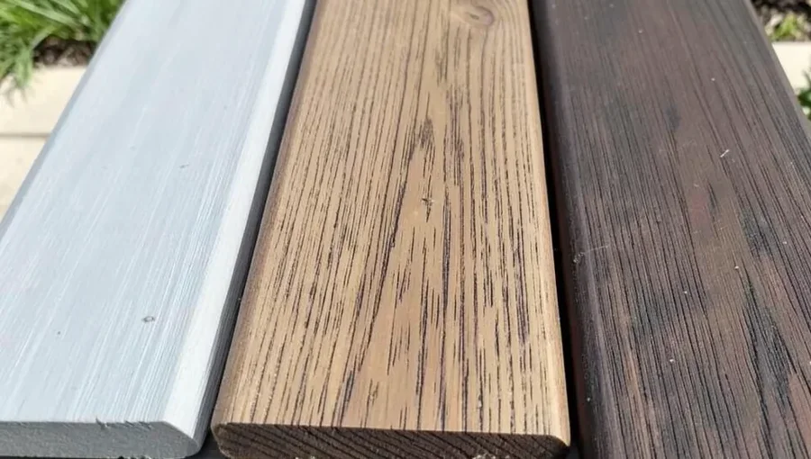 Three Trex composite decking boards side by side showing light gray, medium brown, and dark brown color options