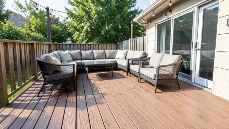 Backyard deck built with warm brown Trex composite decking boards and outdoor seating