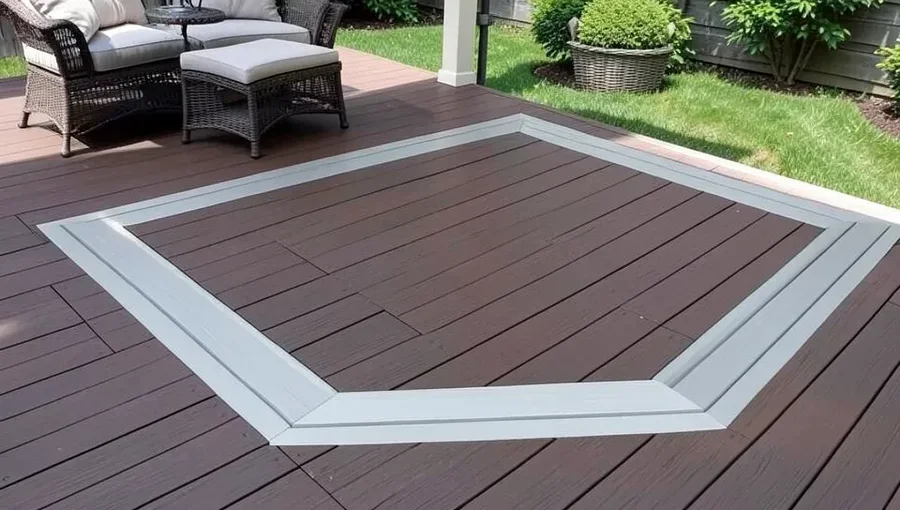 Composite deck with a two-tone picture-frame border pattern using dark brown and light gray decking boards