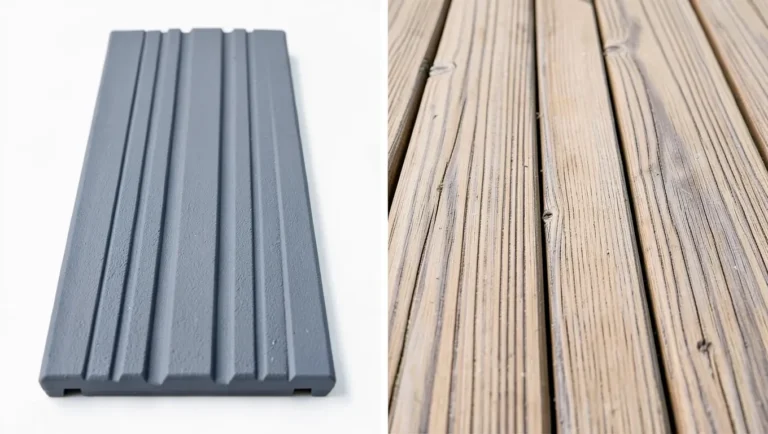 Composite decking (left) next to natural wood decking (right)