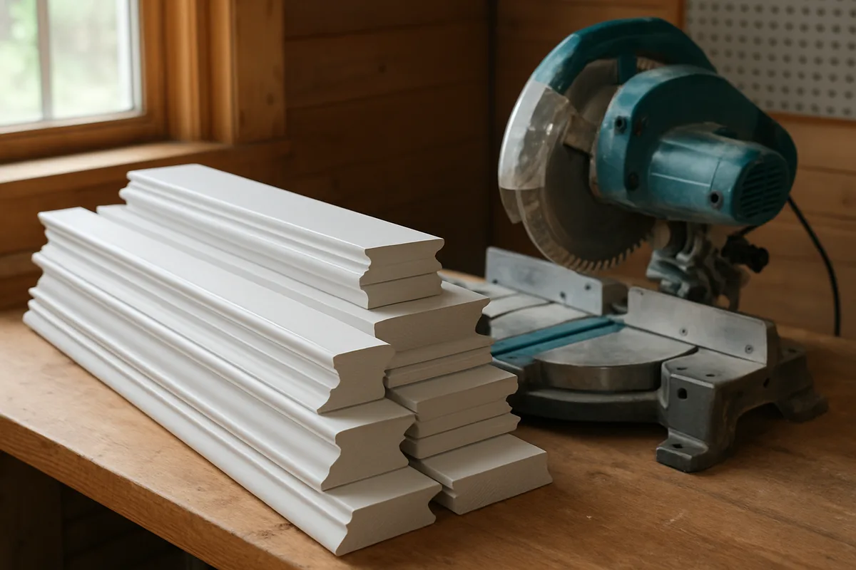 stacked crown molding and baseboard trim next to a compact compound miter saw stacked crown molding and baseboard trim next to a compact compound miter saw