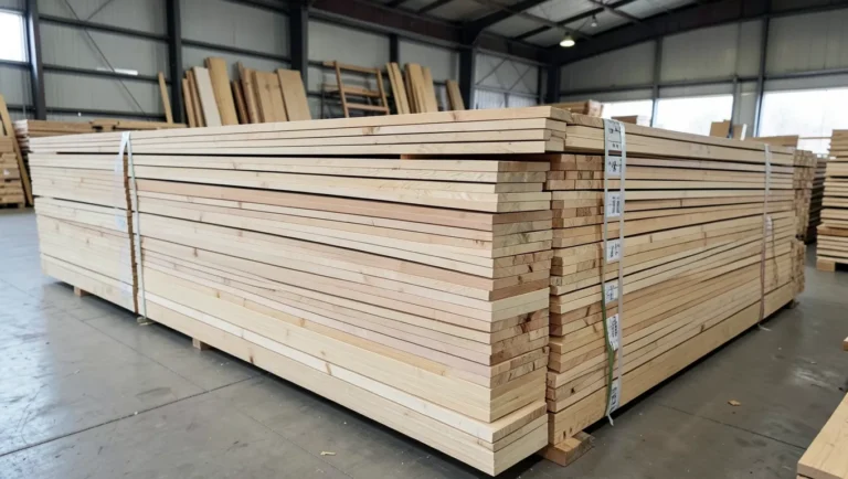 Stacked bundles of unfinished raw oak hardwood flooring planks in a lumber warehouse