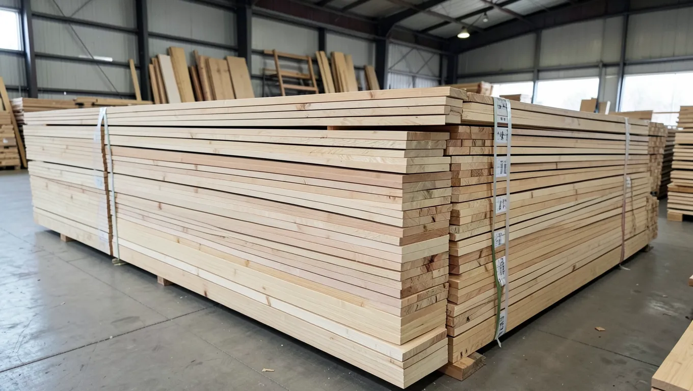 Stacked bundles of unfinished raw oak hardwood flooring planks in a lumber warehouse