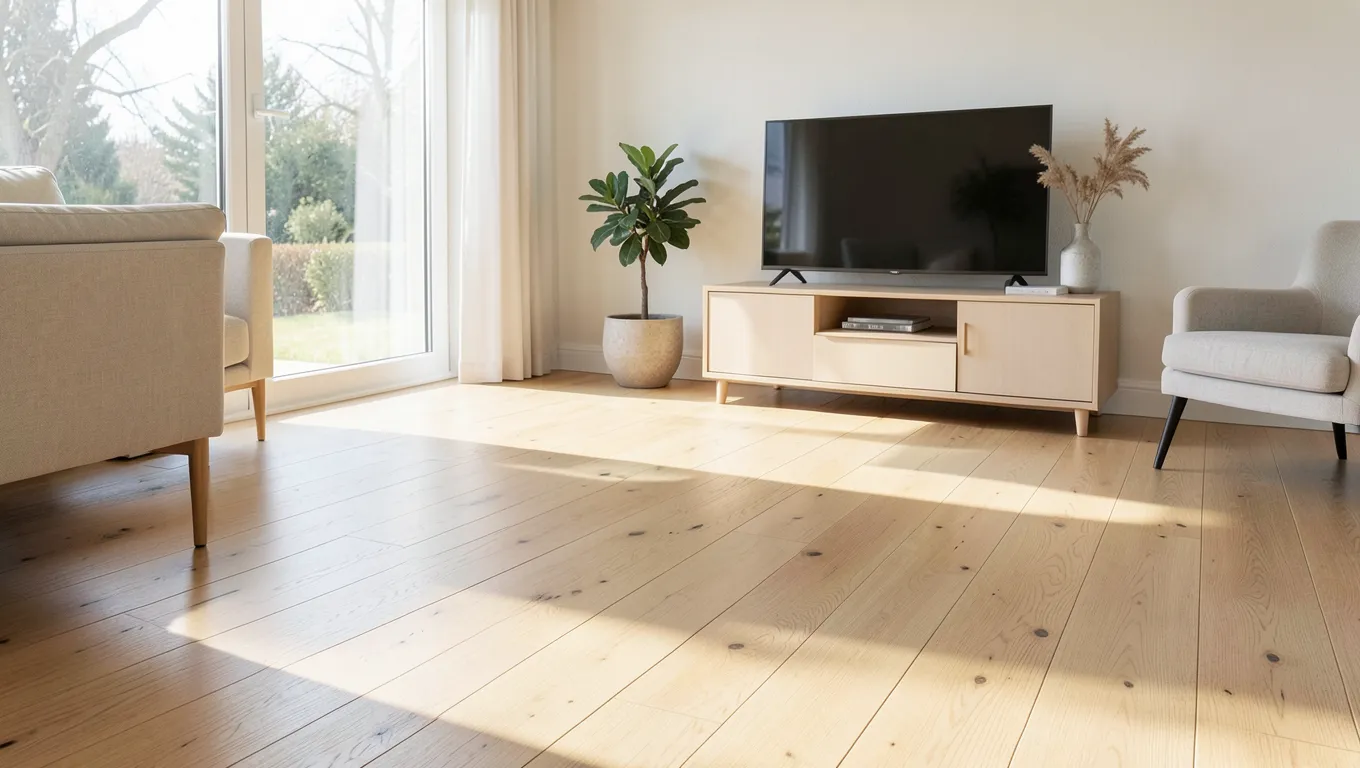 Bright living room with natural unstained light oak hardwood flooring