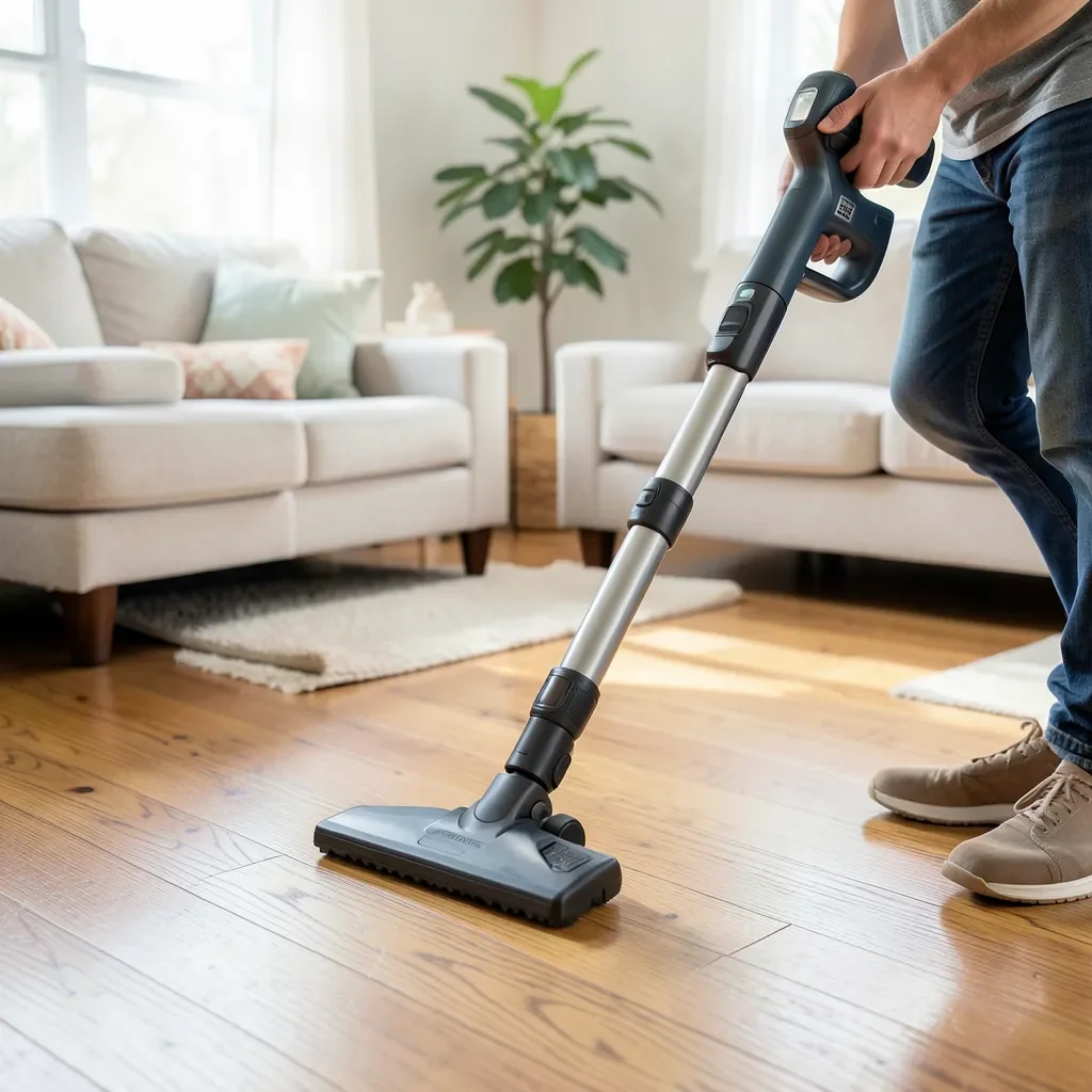 Cordless stick vacuum being used on a hardwood floor