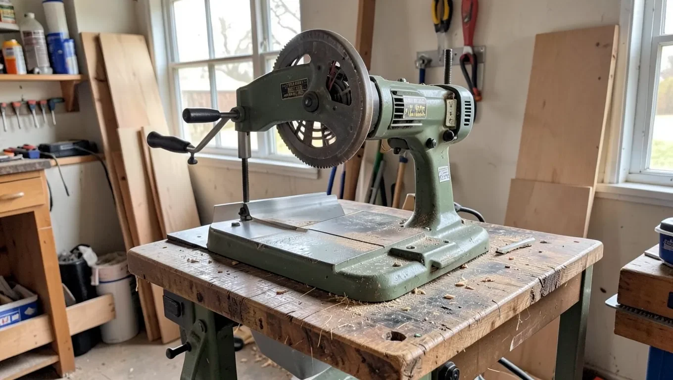Vintage Craftsman radial arm saw in a home garage workshop