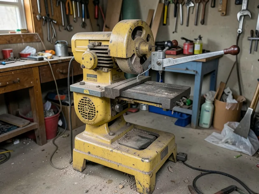 A vintage radial arm saw sitting in a home garage workshop