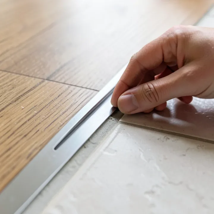 Installing a metal transition strip at a vinyl-to-tile seam