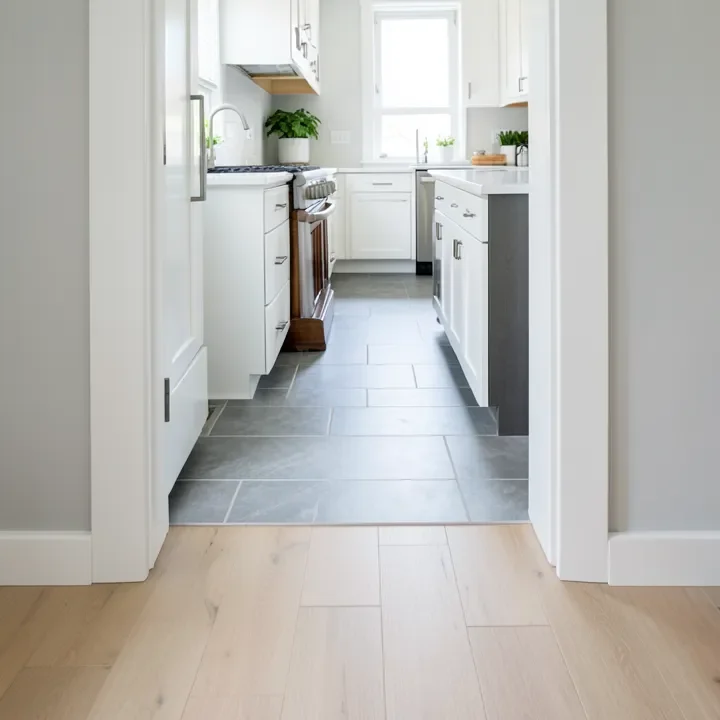 Finished vinyl-to-tile flooring transition in a kitchen doorway