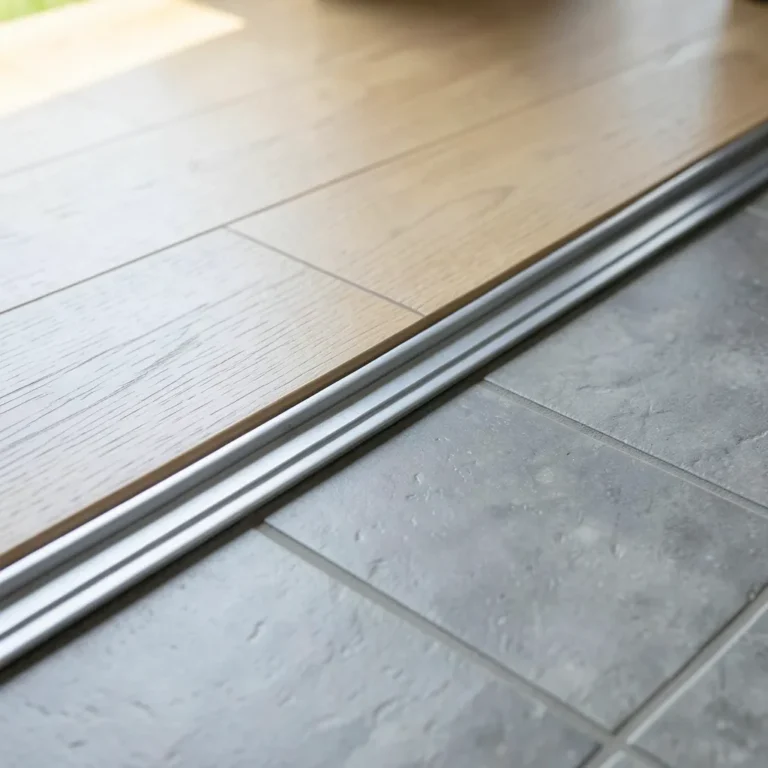 Doorway threshold where vinyl plank flooring meets ceramic tile
