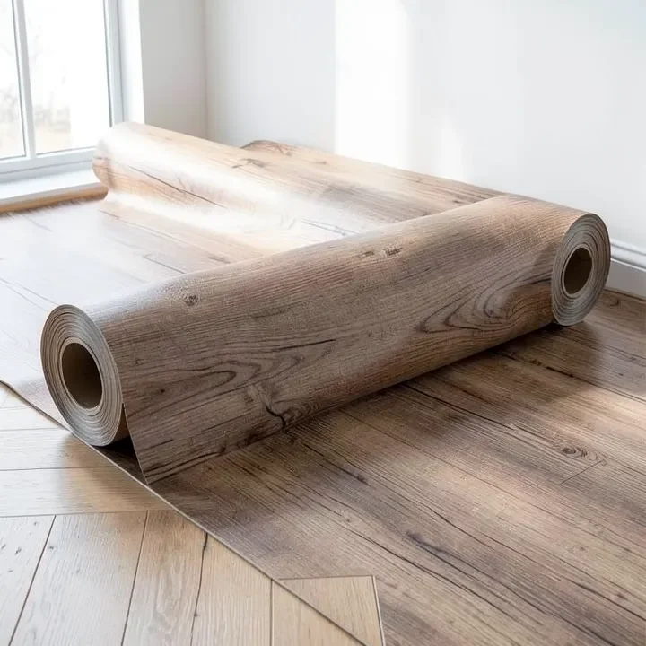 Roll of wood-look vinyl flooring being unrolled for installation