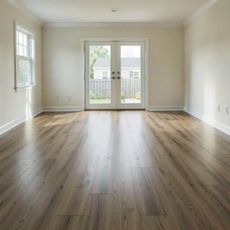 Finished room with wood-look vinyl sheet flooring