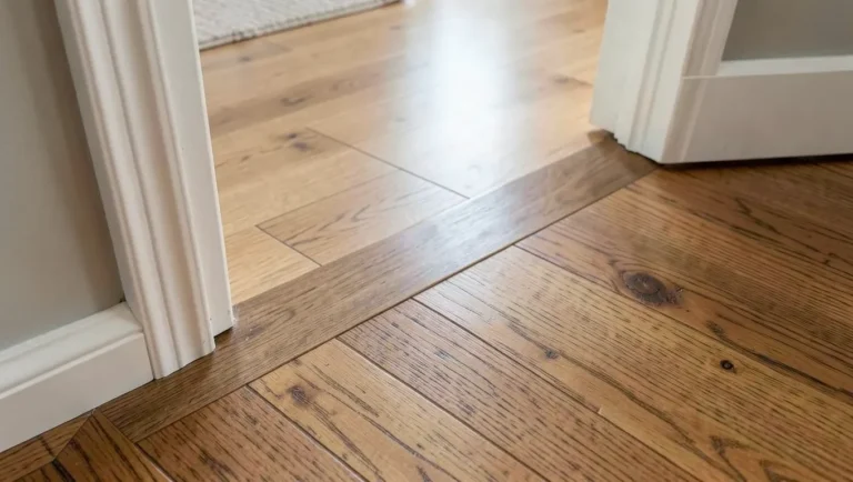 A transition strip bridging vinyl and wood flooring in a doorway