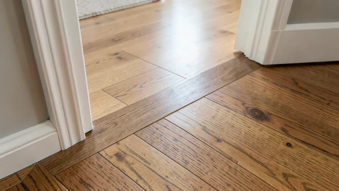 A transition strip bridging vinyl and wood flooring in a doorway