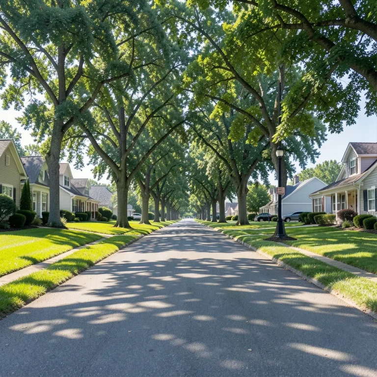 A quiet suburban street lined with shade trees, typical of neighborhoods named after wood species