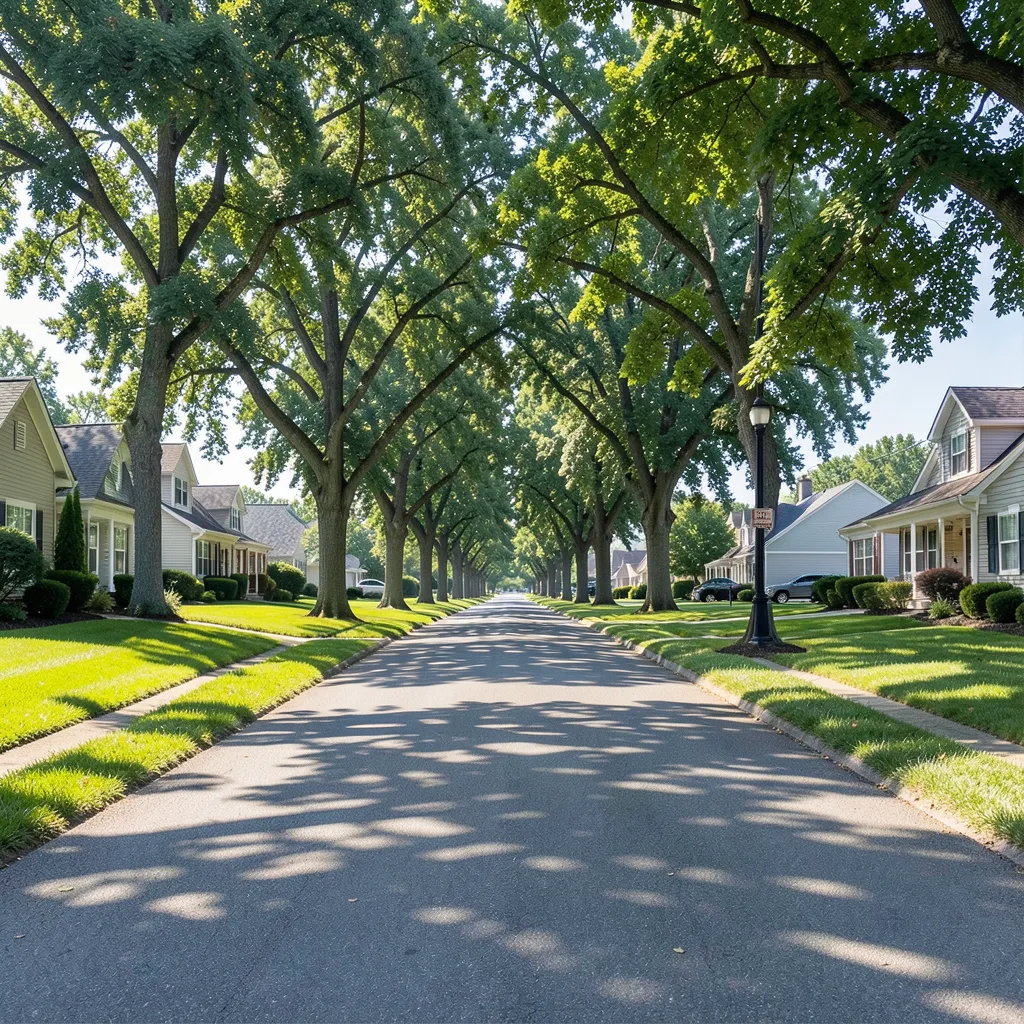 A quiet suburban street lined with shade trees, typical of neighborhoods named after wood species