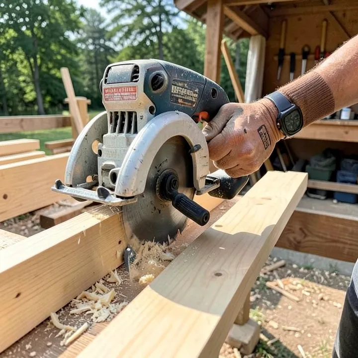 Cordless reciprocating saw cutting framing lumber outdoors
