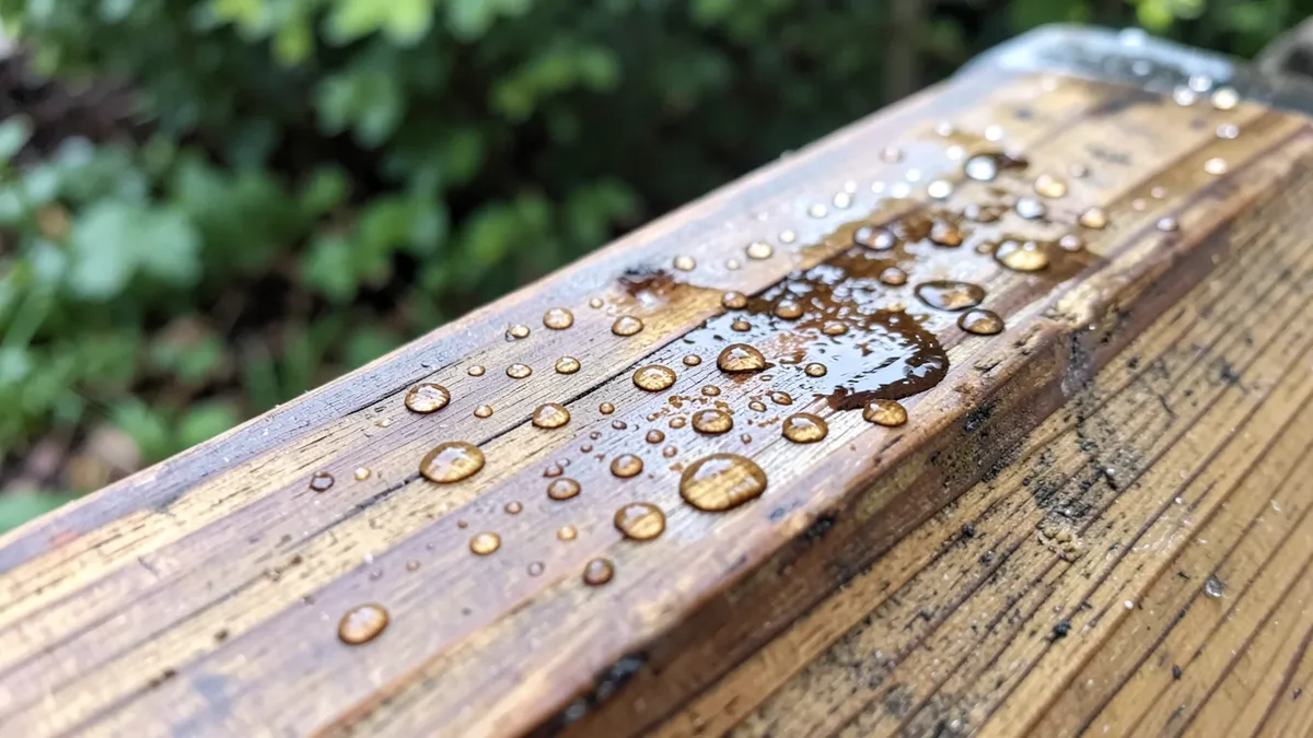 Water bead test on a pressure-treated deck board to check if it's dry enough to stain