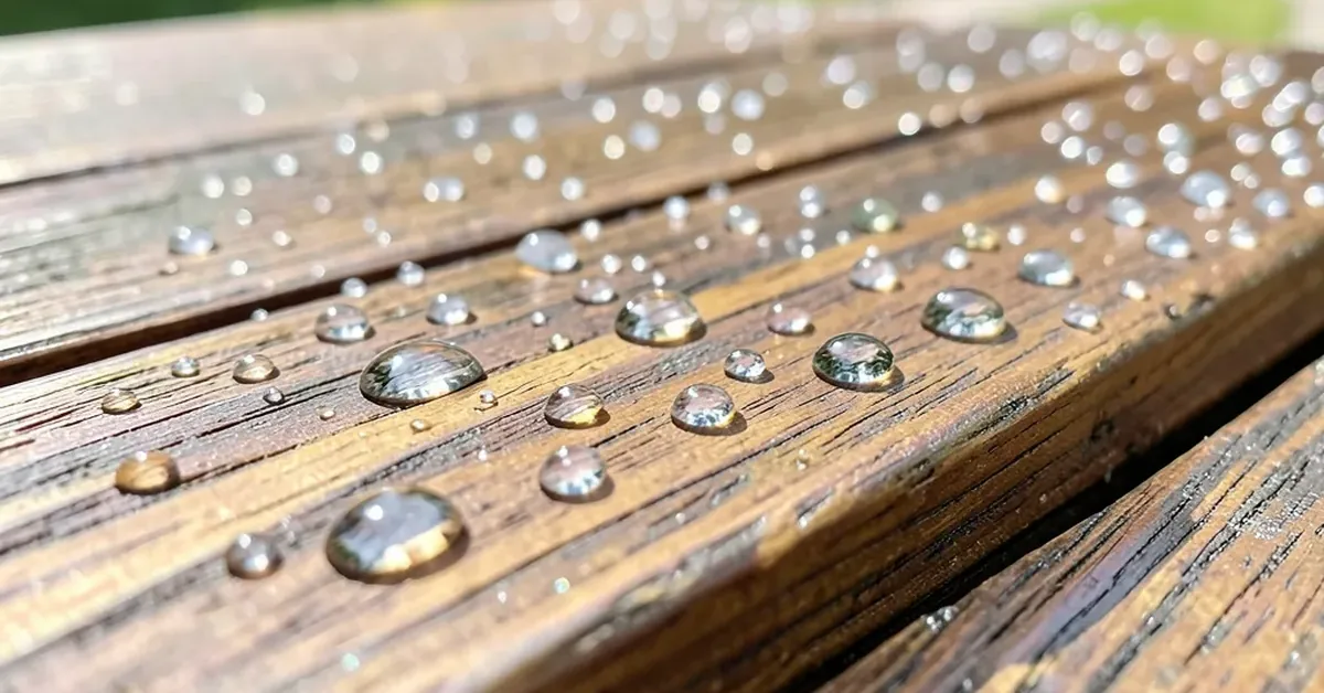 water beading on a wood deck board treated with a film-forming sealer water beading on a wood deck board treated with a film-forming sealer