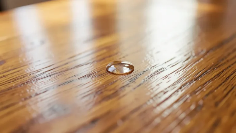 Close-up of water-resistant engineered hardwood flooring with a water droplet beaded on the finish
