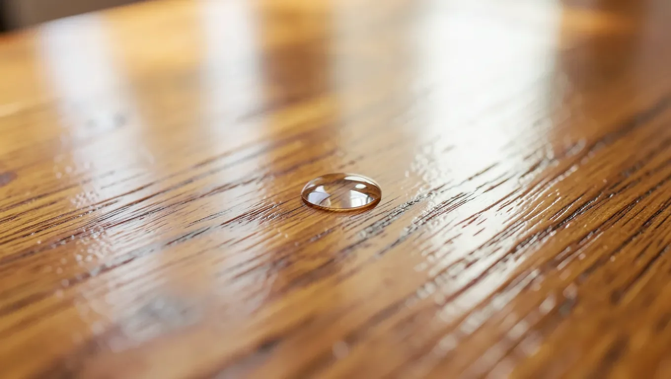 Close-up of water-resistant engineered hardwood flooring with a water droplet beaded on the finish