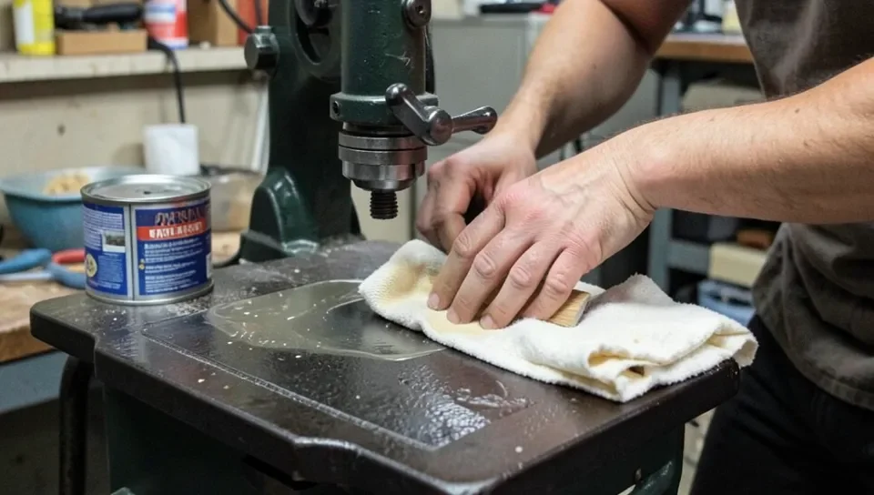 Applying paste wax to a radial arm saw cast iron table to prevent rust