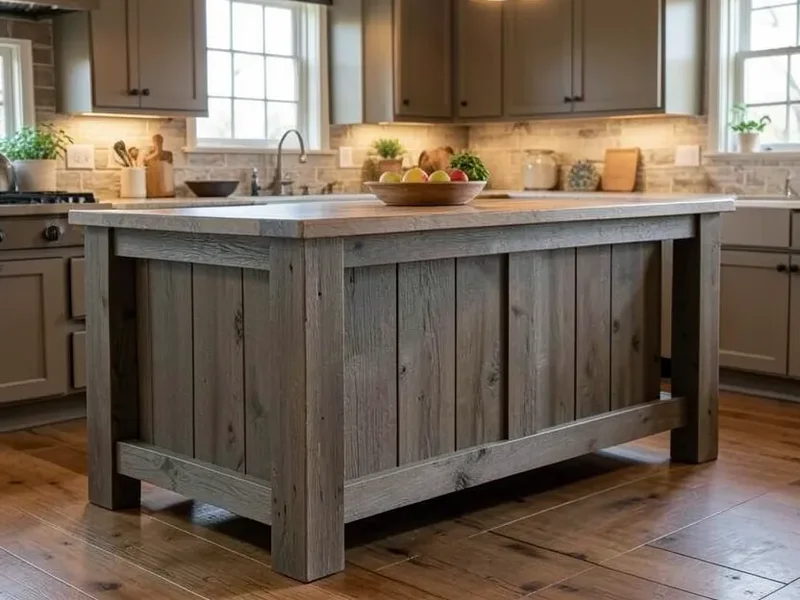 Rustic farmhouse kitchen island with a weathered gray-brown stain and thick wooden legs