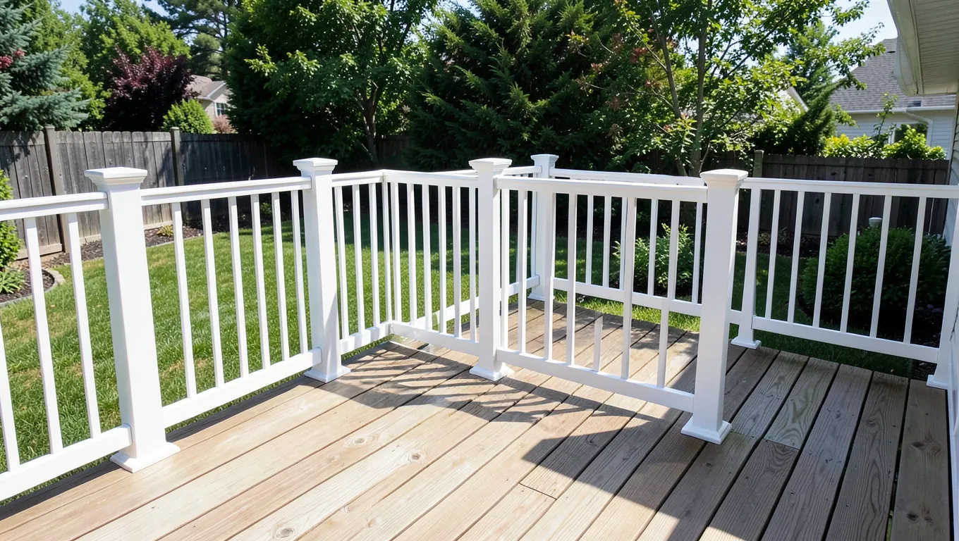 White aluminum railing system with matching post sleeves on a wood deck
