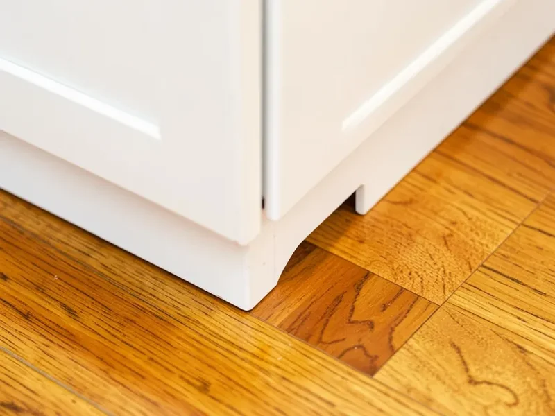 White cabinet base meeting warm honey-toned oak flooring